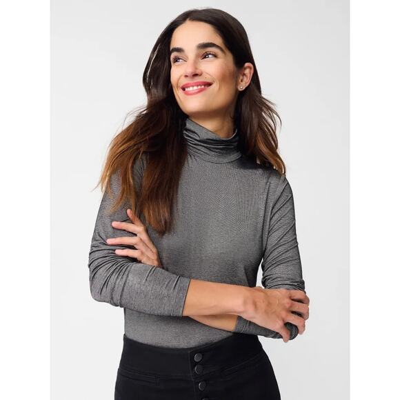 J. McLaughlin Nora Metallic Sparkly Turtleneck Top Large Silver Gold Lightweight - Picture 1 of 12